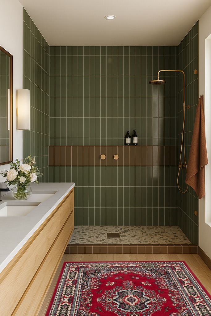 Home Dynamix Premium Sakarya Traditional Medallion Border Area Rug, Claret, 3'7"x5'2" Rectangle in Green Bathroom