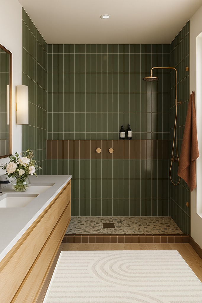 LUXE WEAVERS Modern Geometric Cream 4x5 Area Rug, High Low Texture Carpet in Green Bathroom