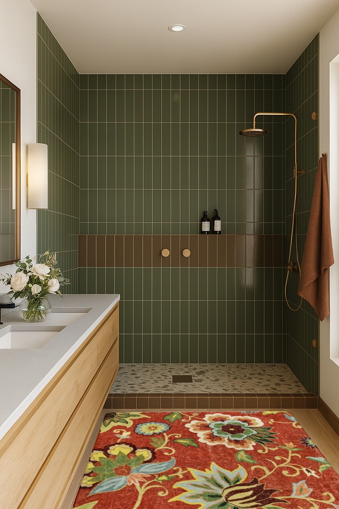 Lahome Red Washable Area Rugs in Green Bathroom