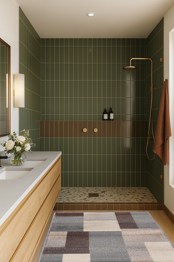 ‎Grey-brown ‎Modern Eclectic ‎Stain Resistant Area Rug in Green Bathroom