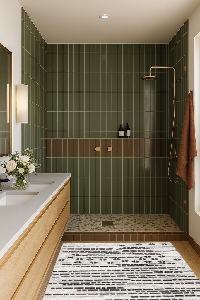 Geometric Ivory/Black Area Rug Union Rustic Rug Size: Rectangle 4'5" x 6'5" in Green Bathroom