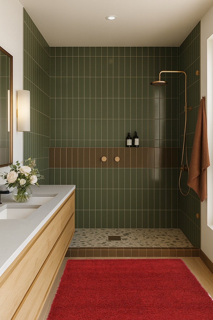 Unique Loom Solid Shag Collection Area Rug (4' 1" x 6' 1" Rectangle, Cherry Red) in Green Bathroom