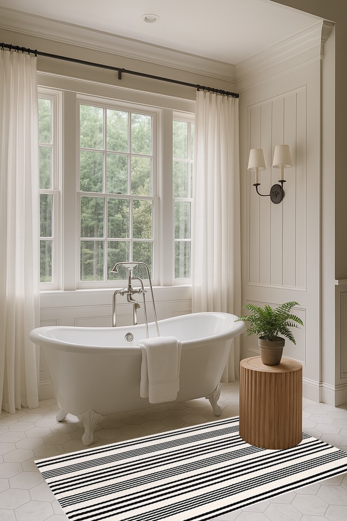 White Striped Farmhouse Washable Porch Area Rug in Luxurious Bathroom