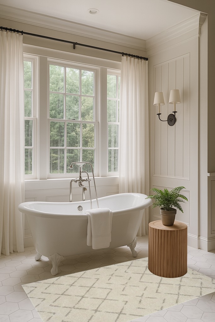 Angelka Geometric Ivory/Beige Area Rug Wrought Studio Rug Size: Rectangle 3' x 5' in Luxurious Bathroom