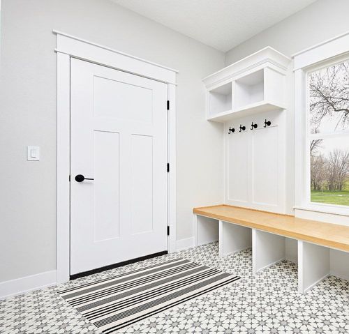 White Striped Farmhouse Washable Porch Area Rug in White Modern Entryway