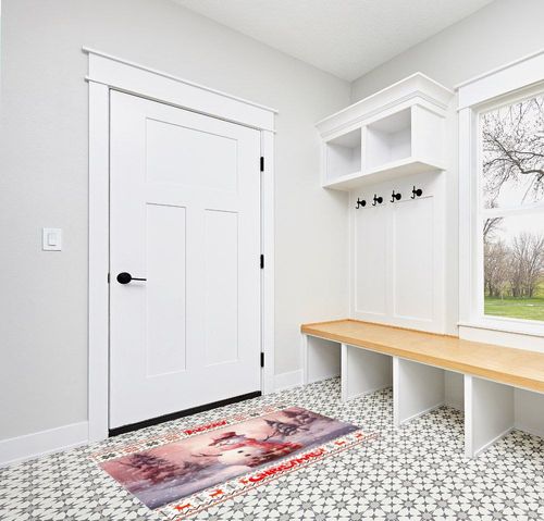 Christmas Snowman Rectangle Shape Large Area Rugs - 2.7 x 5 Feet Pink Xmas Winter Snowflake Geometric - (Non-Woven + Rubber) Low File Floor Mat in White Modern Entryway