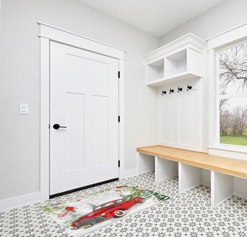 Area Rug, Snowflake Winter Cardinals Xmas Tree Vintage Red Truck Merry Christmas Rug, 2x3 Feet Rugs for Living Room Bedroom Kids Room Kids Room Nursery Classroom, Non-Slip Comrft Carpet Washable Rug in White Modern Entryway