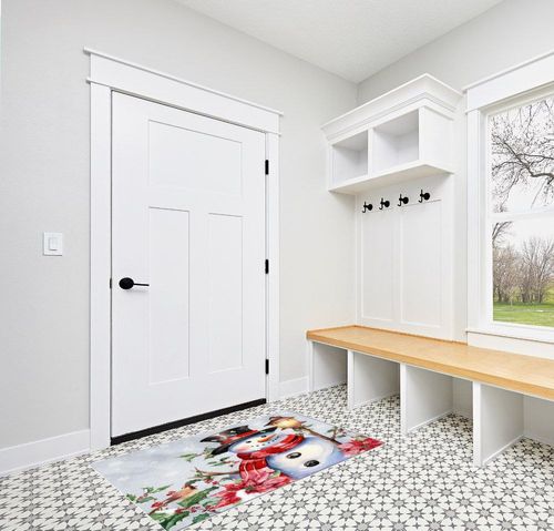 OComster Grey Ombre Christmas Rectangle Shape Large Area Rugs - 2.7 x 5 Feet Xmas Snowman Winter Snowflake Poinsettia - (Non-Woven + Rubber) Low File Floor Mat in White Modern Entryway