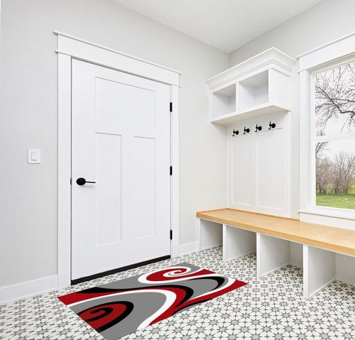 Fluffy Area Rugs for Living Room,36x60in Non-Slip Accent Rug Ultra Soft Carpet Abstract Red White Black Swirl Washable Indoor Floor Mats for Bedroom Nursery Decor Modern Geometric Stripe on Gray in White Modern Entryway