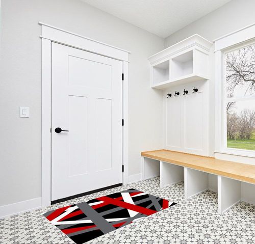 Large Area Rug, Red Black Grey Geometric Non-Slip Indoor Accent Area Carpet, Modern White Abstract Art Striped Fluffy Shaggy Runner Rug for Living Room, Bedroom, Kids Room, 2'7"x 5" in White Modern Entryway