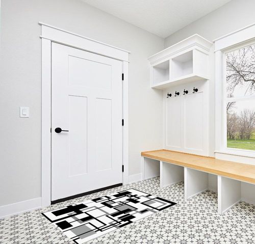 Large Area Rug, Black Grey Geometric Non-Slip Indoor Accent Area Carpet, Modern Abstract Art White Fluffy Shaggy Runner Rug for Living Room, Bedroom, Kids Room, 2'7"x 5" in White Modern Entryway