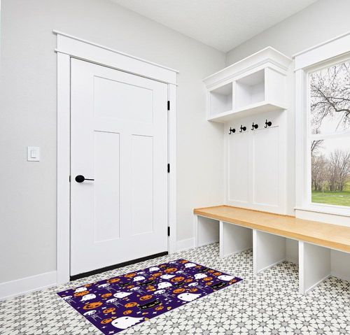 Large Area Rug, Halloween Non-Slip Indoor Accent Area Carpet, Orange Pumpkin White Ghost Skeleton Purple Fluffy Shaggy Runner Rug for Living Room, Bedroom, Kids Room, 2'7"x 5" in White Modern Entryway