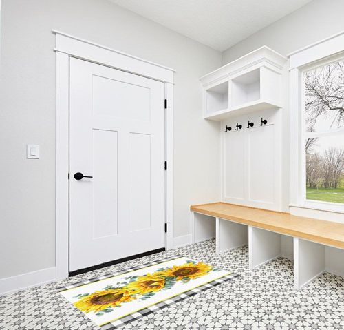 Large Area Rug, Sunflower Non-Slip Indoor Accent Area Carpet, Spring Floral Eucalyptus Leaves Black White Plaid Fluffy Shaggy Runner Rug for Living Room, Bedroom, Kids Room, 2'7"x 5" in White Modern Entryway
