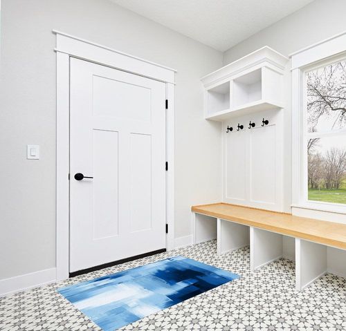 Large Area Rug, Blue Non-Slip Indoor Accent Area Carpet, Modern Geometric Blue White Oil Painting Abstract Art Fluffy Shaggy Runner Rug for Living Room, Bedroom, Kids Room, 2'7"x 5" in White Modern Entryway