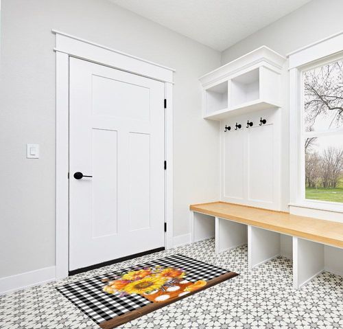 Large Area Rug, Thanksgiving Non-Slip Indoor Accent Area Carpet, Fall Sunflower Pumpkin Harvest Black White Plaid Fluffy Shaggy Runner Rug for Living Room, Bedroom, Kids Room, 2'7"x 5" in White Modern Entryway