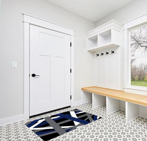 Large Area Rug, Blue Black Grey Geometric Non-Slip Indoor Accent Area Carpet, Modern White Abstract Art Striped Fluffy Shaggy Runner Rug for Living Room, Bedroom, Kids Room, 2'7"x 5" in White Modern Entryway