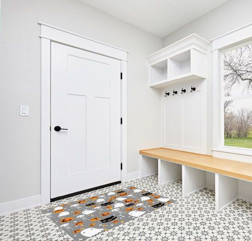 Large Area Rug, Halloween Non-Slip Indoor Accent Area Carpet, Orange Pumpkin White Ghost Skeleton Grey Fluffy Shaggy Runner Rug for Living Room, Bedroom, Kids Room, 2'7"x 5" in White Modern Entryway