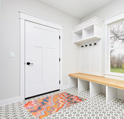 YoKii Vintage Abstract Area Rug 3x5 Faux Wool Hippie Aesthetic Colorful Striped Geometric Non-Slip Throw Rugs Carpet for Kitchen Entryway Rubber Backed, Orange and Blush in White Modern Entryway