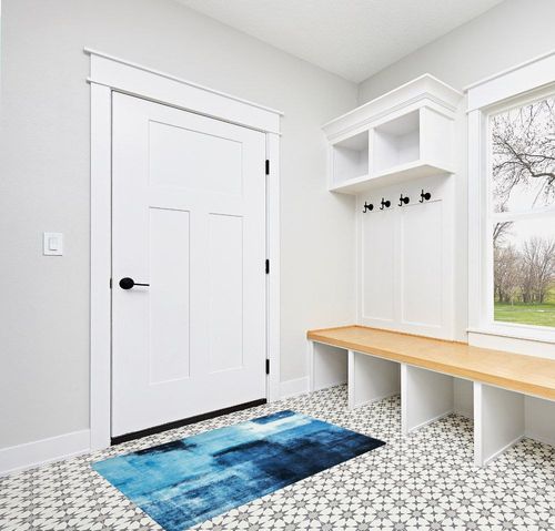 Lahome Modern Washable Living Room Rug - 3x5 Area Rugs for Bedroom Throw Non-Slip Thin Kitchen Rug Blue Abstract Print Office Rug Lightweight Soft Indoor Capet for Entryway Laundry Room Dining Room in White Modern Entryway