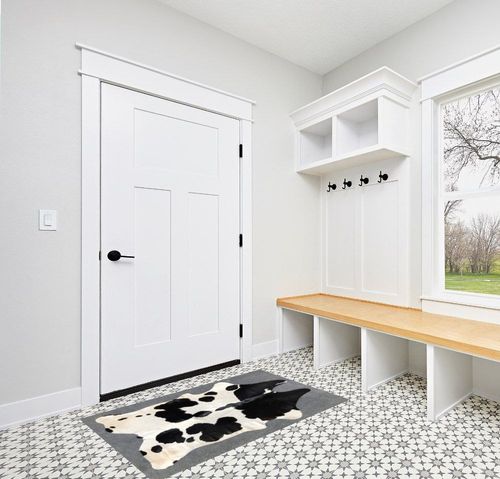 Black and White Cowhide Rug Natural Cow Skin Cow Hide Leather Area Rug Hair On, Small 5 ft X 3 ft Premium Black White Shed Free Natural Hide in White Modern Entryway