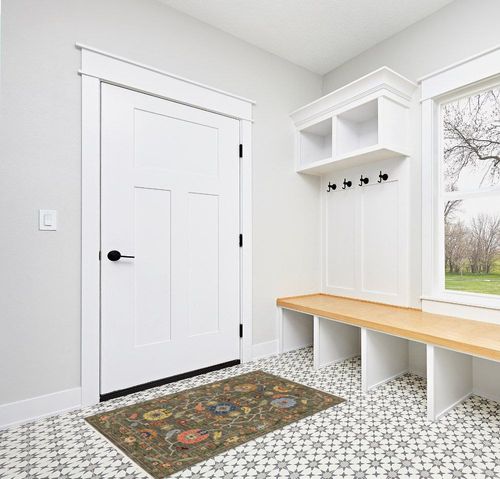 3' X 5' Grey Blue Pink Orange Rust Red Green and Ivory Oriental Power Loom Stain Resistant Area Rug with Fringe in White Modern Entryway