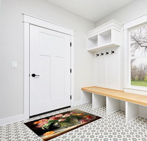 Rectangular Area Rug for Living Room, Bedroom, Spring Floral Non-Slip Residential Carpet, Kitchen Rugs, Watercolor Pink Yellow Oil Painting Flower Floor Mat with Rubber Backing 2'7" x 5' in White Modern Entryway