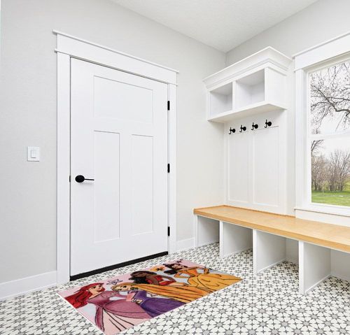 Gertmenian Disney Princesses Area Rug | Suitable for Classroom, Nursery, Bedroom, or Play Area | Ideal for Toddlers, Babies, and Young Children | 3.5x4.5ft Medium, Watercolor Pink/Purple/Orange 19837 in White Modern Entryway