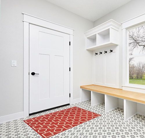 SAFAVIEH Courtyard Collection 2'7" x 5' Red/Bone CY6925 Indoor/ Outdoor Waterproof Easy Cleaning Patio Backyard Mudroom Area Rug in White Modern Entryway