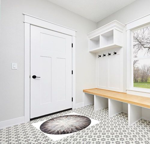 AG Creation Handmade Rug Cowhide Leather Round Rug | Patchwork Cowhide Round Rug Hair on Leather Cowhide Grey & White Carpet Cowhide Furniture (2X2 feet) in White Modern Entryway