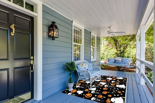 Large Area Rug, Halloween Non-Slip Indoor Accent Area Carpet, Orange Pumpkin White Ghost Skeleton Black Fluffy Shaggy Runner Rug for Living Room, Bedroom, Kids Room, 5'x 7' in Light Blue Patio
