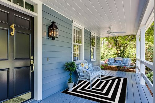 Lanffia Black and White Area Rug 5x7ft Contrasting Geometric Modern Stripe Symmetrical Indoor Outdoor Rug Machine Washable Extra Large Rugs Woven Cotton Floor Carpet for Living Room/Balcony/Backyard in Light Blue Patio
