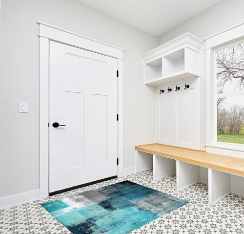 KITHOME Contemporary Non-Slip Area Rug Turquoise and Grey Abstract Art Painting Teal Printed Rugs Art Carnival Rubber Backing Living Room Floor Mats Rectangle Area Rug Carpet for Indoor 4'x6' in White Modern Entryway