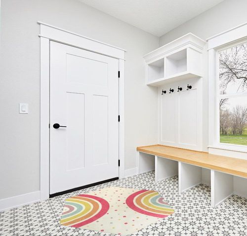 STARUIA Rainbow Rug for Baby Girls Bedroom,55"x47" Washable Area Rug for Princess Tent Castle,Hexagon Non-Slip Nursery Rug Ultra Soft Play Carpet for Kids Room Playpen Dorm in White Modern Entryway