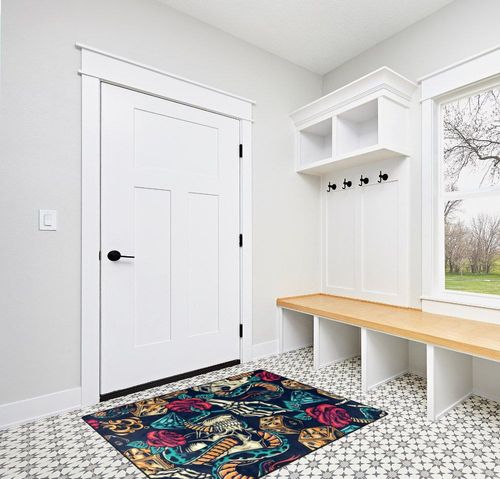 BOENLE Area Rug Large Area Rugs for Living Room Non-Slip Washable Carpet Skull Snake Rose Dice Thick Rectangular Mat for Indoor Bedroom Dining Office-63 x 48 Inch in White Modern Entryway