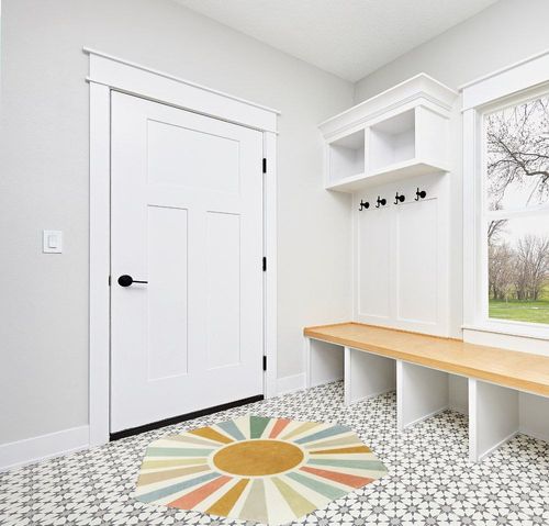 STARUIA Hexagon Sun Boho Rug for Entryway,4'x 4'7"Washable Colorful Nursery Rug for Kids Room,Ultra Soft Non-Slip Carpet Indoor Play Mat for Classroom Living Room in White Modern Entryway
