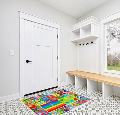 IMIKEYA Kids Educational Rug Playtime Collection ABC, Numbers and Shapes Learning Carpet Kids Play Rug Mat Playmat for Playroom Bedroom, 55.1 x 43.3 inch in White Modern Entryway