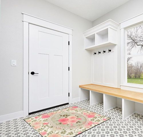Soft Area Rug Non Slip Washable for Indoor,Vintage Floral Shabby Chic Roses Lace Frame Pink Flowers Bouquets with Green Leaves,Large Floor Carpets Doormat Covering Living Room Bedroom 5 x 7Ft in White Modern Entryway