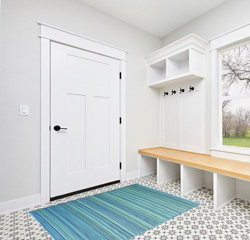 Fab Habitat Outdoor Rug - Waterproof, Fade Resistant, Crease-Free - Premium Recycled Plastic - Striped - Patio, Deck, Porch, Balcony, Laundry Room - Cancun - Turquoise & Moss Green - 4 x 6 ft in White Modern Entryway