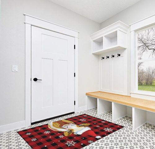 Christmas Red Black Plaid Area Rug 4' x 6', Outdoor Rugs for Patio Rug Carpet for Sofa Living Room Bedroom, Large Floor Mat and Rug for RV, Backyard, Deck, Picnic, Cattle with Xmas Hat in White Modern Entryway