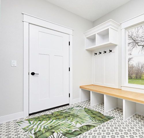 Zacoo Washable Rug for Living Room 4x6 Rug Green Rug Non Slip Leaf Rug Stain Resistant Tropical Palm Tree Emerald Natural Rug Botanical Cute Rugs for Bedroom Nursery Dining Room 4'x6' in White Modern Entryway