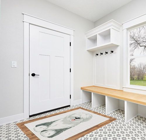 Ambesonne English Sheepdog Area Rug, Illustration of Domestic and Fluffy Sitting Animal on Plain Background, Flat Woven Accent Rug for Living Room Bedroom Dining Room, 4' X 5' 7", Off White Grey in White Modern Entryway