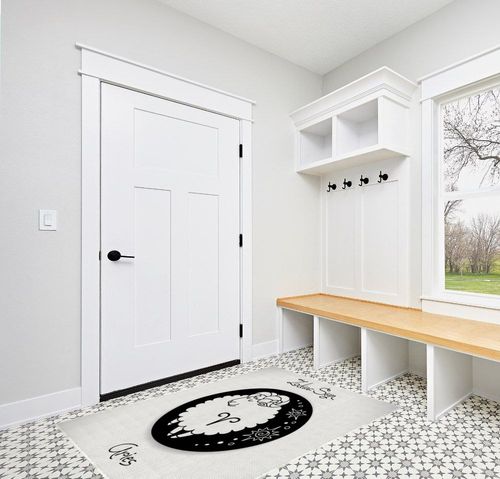 Ambesonne Zodiac Aries Area Rug, Big Black Dot with Fluffy Ram and Tribal Motifs Funny Design, Flat Woven Accent Rug for Living Room Bedroom Dining Room, 4' X 5' 7", Black and White in White Modern Entryway