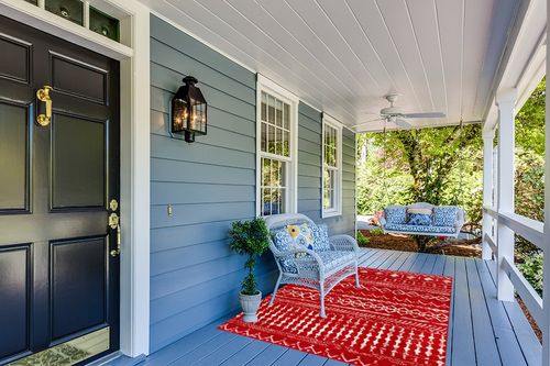 Antep Rugs Bohemian 5x7 Geometric Indoor Area Rug Phoenix, 5'3" x 7', Red in Light Blue Patio