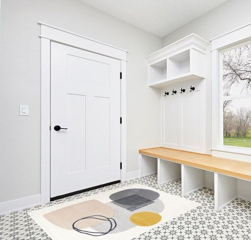 Abani Rugs Cream and Gray 4 ft. X 6 ft. Mid-Century Rug with Circles and Lines. Neutral Tones of Cream, Gray and a pop of Yellow. Minimalistic Design Turkish Stain Resistant Area Rug. in White Modern Entryway