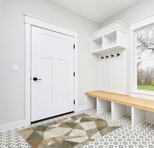 Abani Savoy Collection Area Rug - Green and Cream Geometric Design - 4'x6' - Easy to Clean - Durable for Kids and Pets - Non-Shedding - Medium Pile - Soft Feel - for Living Room, Bedroom, and Office in White Modern Entryway