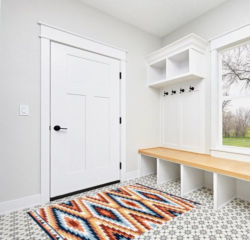 JONATHAN Y SWC101A-4 Konya Diamond Kilim Geometric Indoor Area Rug, Southwestern, Geometric, Bohemian, Bedroom, Kitchen, Living Room, Easy-Cleaning, Non-Shedding, 4 X 6, Yellow/Red/Blue in White Modern Entryway