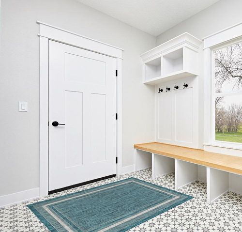 Unique Loom Outdoor Border Collection Area Rug - Soft Border (4' 1" x 6' 1" Rectangle, Teal/ Ivory) in White Modern Entryway