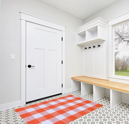 Fall Outdoor Orange and White Plaid Rug - 4' x 6' Cotton Hand-Woven Checked Rug Layered Doormats for Front Door Porch Farmhouse Entryway Patio in White Modern Entryway