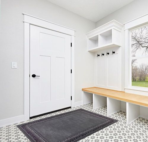 Antep Rugs Alfombras Bordered Modern 4x6 Non-Slip (Non-Skid) Low Pile Rubber Backing Indoor Area Rug (Gray, 4' x 5'8") in White Modern Entryway