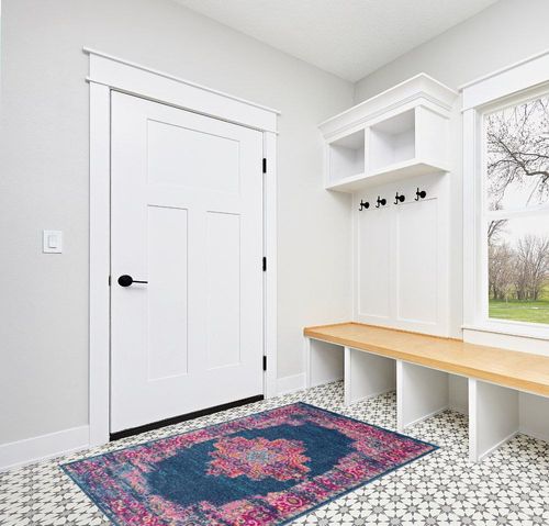 HomeRoots 4' X 6' Blue Power Loom Area Rug in White Modern Entryway